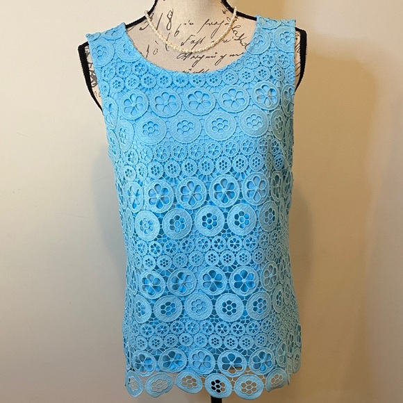 Talbots Tops - Talbots Aqua Blue Floral Lace Scoop Neck Shell Sleeveless top